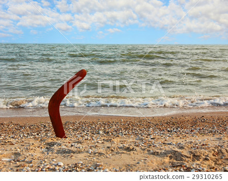 Boomerang on sandy coastline against sea wave 29310265