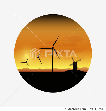 Electric wind turbines farm silhouettes on sunset 29310751