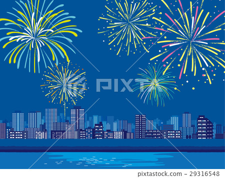 Fireworks display cityscape 29316548
