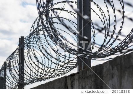 Barbed wire stretched along the brick walls Barbed wire stretched along the brick walls 29318328