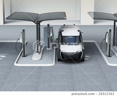 An electric car image charging the charging stand. An electric car image charging the charging stand. 29322383