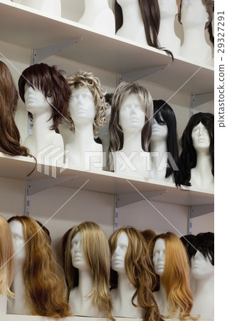 Row of Mannequin Heads with Wigs 29327291