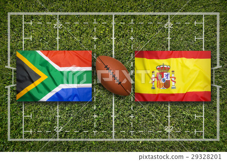 South Africa vs. Spain flags on rugby field 29328201