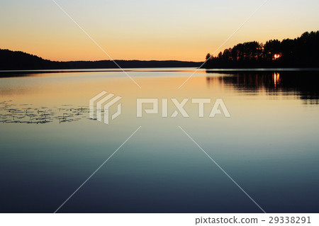 Sunset. Kenozero lake. Aged photo. Russian north. 29338291