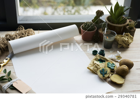 Painting Paper Cactus Plants On A Wooden Table 29340781