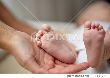 close up of newborn baby feet in mother hands close up of newborn baby feet in mother hands 29341269