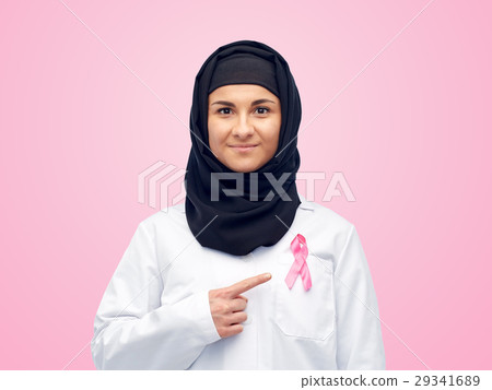 muslim doctor with breast cancer awareness ribbon muslim doctor with breast cancer awareness ribbon 29341689