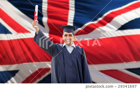 happy male student with diploma over british flag happy male student with diploma over british flag 29341697