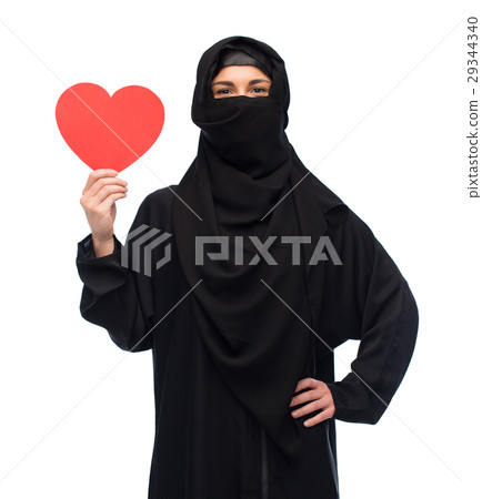 muslim woman in hijab holding red heart muslim woman in hijab holding red heart 29344340