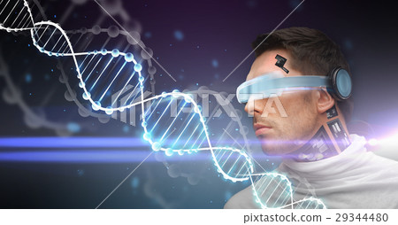 man with 3d glasses, sensors and dna molecule 29344480
