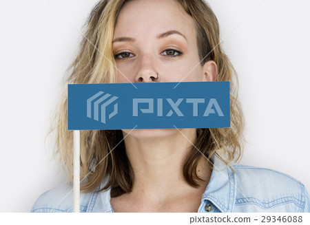 Caucasian Woman Holding Flag Covering Mouth Caucasian Woman Holding Flag Covering Mouth 29346088