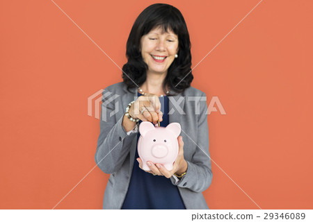 Businesswoman Smiling Happiness Piggy Bank Savings Businesswoman Smiling Happiness Piggy Bank Savings 29346089