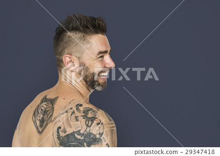 Caucasian Man Back Tattoo Smiling 29347418