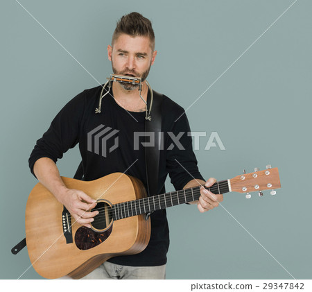 Men Musician Play Guitar Harmonica 29347842