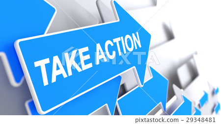 Take Action - Text on Blue Pointer. 3D. 29348481
