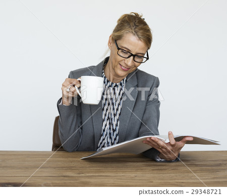Office Worker Drinking Coffee Reading Book Office Worker Drinking Coffee Reading Book 29348721