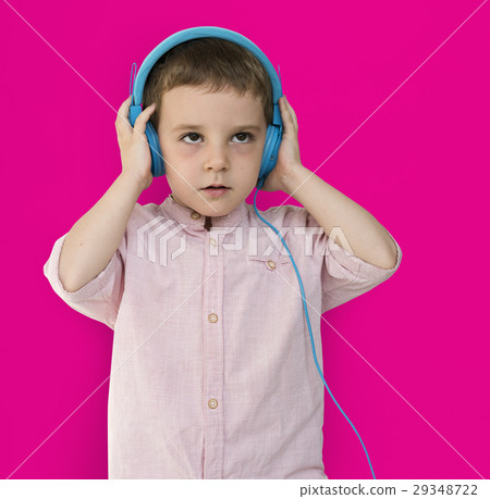 Caucasian Little Boy Trying Headphones Caucasian Little Boy Trying Headphones 29348722