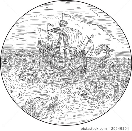 Tall Ship Turbulent Sea Serpents Black and White  29349304