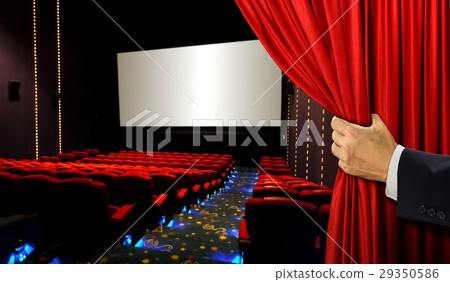 Cinema seats with hand opening red curtain Cinema seats with hand opening red curtain 29350586