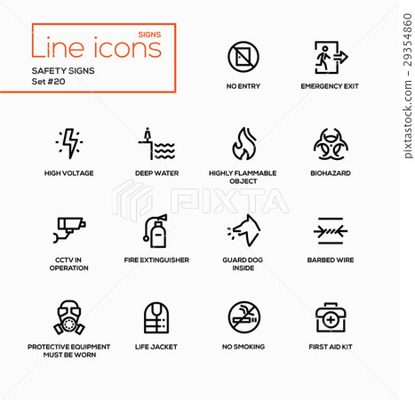 Safety Signs - modern vector single line icons set - Stock Illustration ...