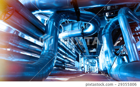 Steel pipelines and valves in blue tones Steel pipelines and valves in blue tones 29355806