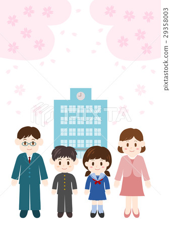 Admission ceremony Parents and junior high school student cherry blossoms and school building illustrations 29358003