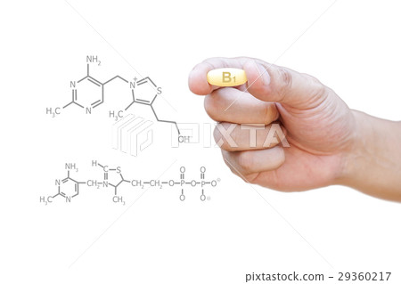 Hand holding vitamin B1 pill with clipping path Hand holding vitamin B1 pill with clipping path 29360217