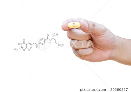 Hand holding vitamin B9 pill with clipping path 29360227