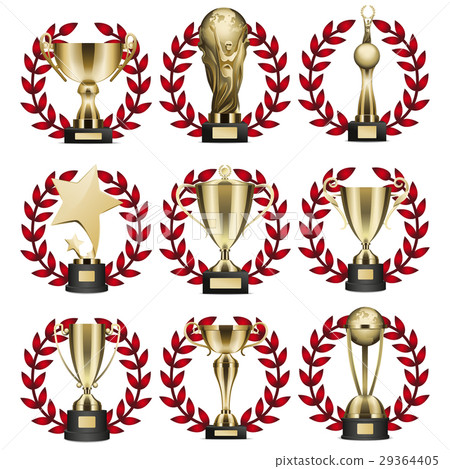 Golden Trophy Collection in Round Wreaths on White 29364405