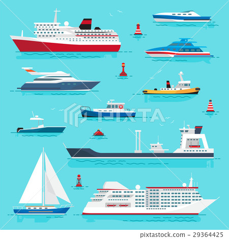 Set of Sea Transport on Blue Water Flat Design 29364425
