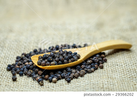 Black pepper seeds in wooden spoon. 29366202