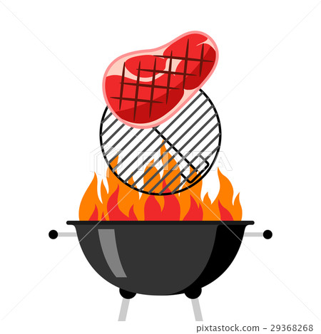 Bbq grill with grate, fire and fried steak 29368268