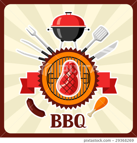 Bbq card with grill objects and icons 29368269