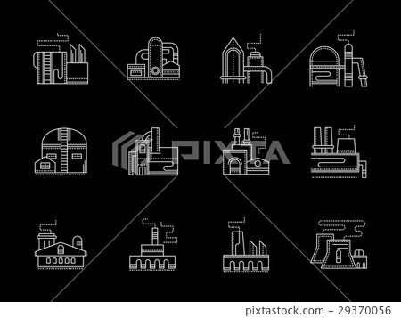 Factory buildings flat white line vector icons set - Stock Illustration ...