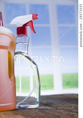 House cleaning product on wood table and window House cleaning product on wood table and window 29371035