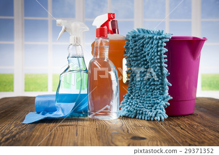 House cleaning product on wood table and window House cleaning product on wood table and window 29371352