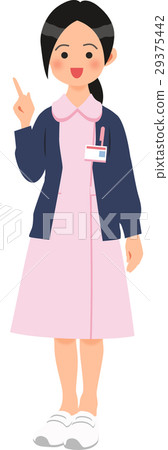 A woman with a pointing pose wearing a pink nurse clothing and a cardigan 29375442