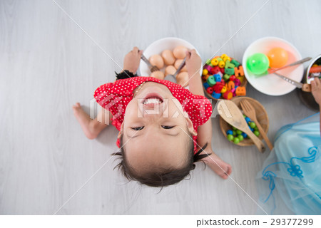Happy Asian children playig chef at home, top view Happy Asian children playig chef at home, top view 29377299