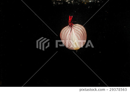 Half of blue onion  falls in water in aquarium 29378563