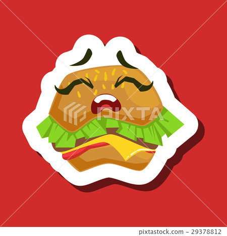 Upset Burger Sandwich, Cute Emoji Sticker On Red 29378812