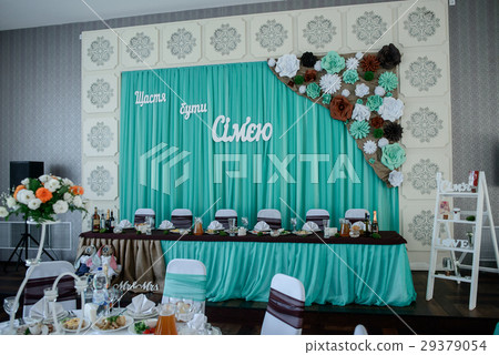 White restaurant hall decorated with green cloth White restaurant hall decorated with green cloth 29379054