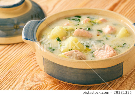 Potato soup with salmon, leek, sour cream. 29381355