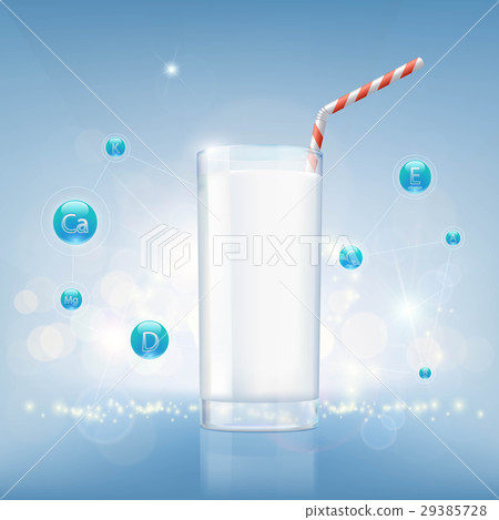 Glass of milk on a background of vitamins and nutrients. Stock v 29385728