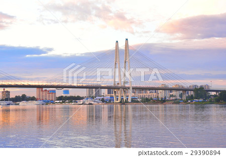 Cable stayed bridge and Neva river. 29390894