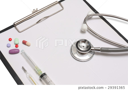 Medical clipboard and syringe with stethoscope Medical clipboard and syringe with stethoscope 29391365