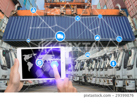 Hand holding tablet is pressing button Logistics  29399876