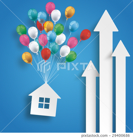 Three White Arrows House Balloons Blue Background Three White Arrows House Balloons Blue Background 29400686
