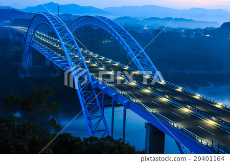 Dawn of Saikai Bridge and sunrise From the hilltop of Saikai from the observatory 29401164