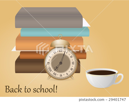 Back to school. Alarm, books, cup of coffee. 29401747
