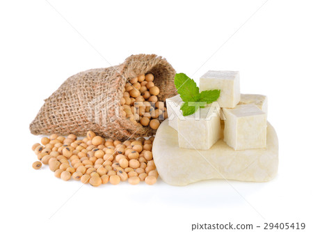 tofu cubes and soybean on white background tofu cubes and soybean on white background 29405419
